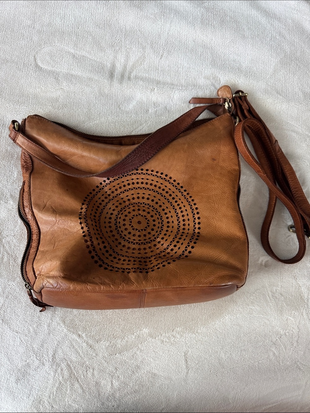 Leather Crossbody Bag with Laser-Cut Circle Design - Tan